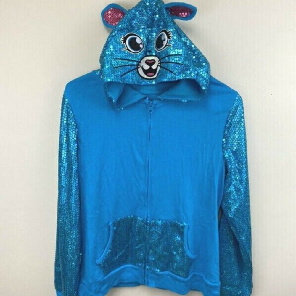 NWT Justice 16 Blue Sequin Mouse Face Ears Full Front Zip Hoodie Lightweight